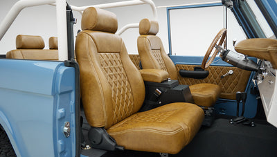 1974 classic ford bronco in stars & stripes blue with whiskey leather passenger seat