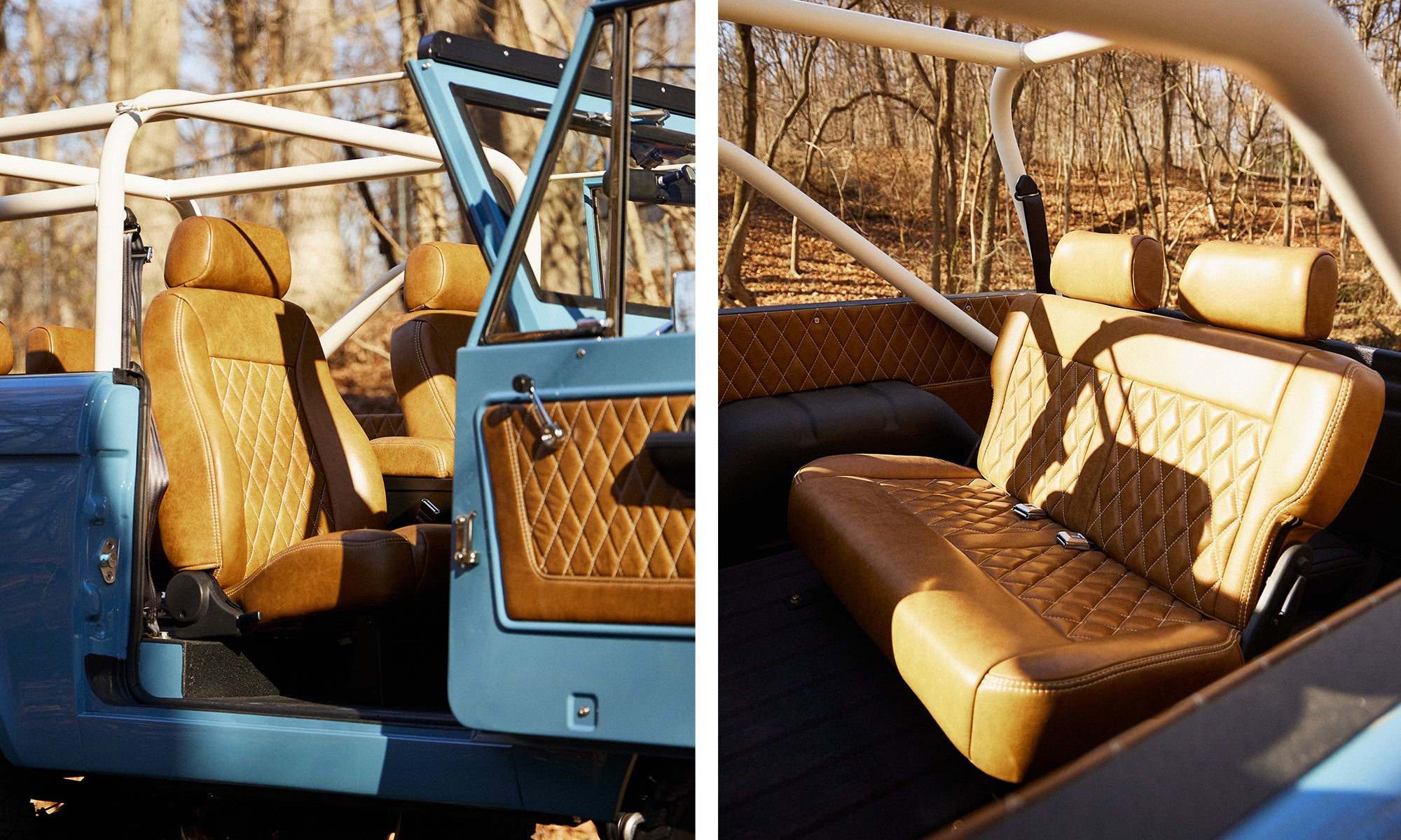Close-up of interior of frozen blue Classic Ford Bronco showing tan quilted seats and open door