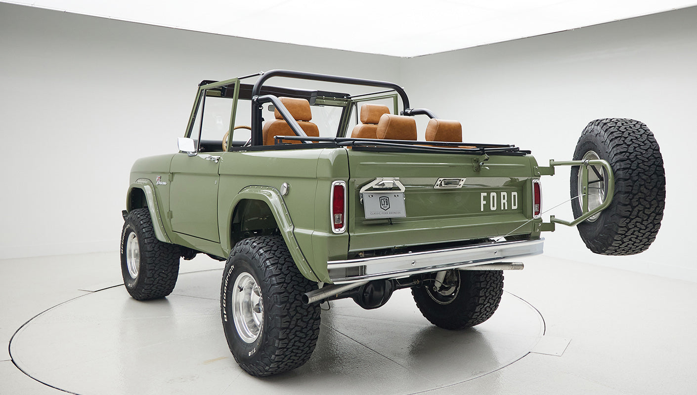 1976 classic ford bronco in boxwood green with ball glove leather spare tire carrier