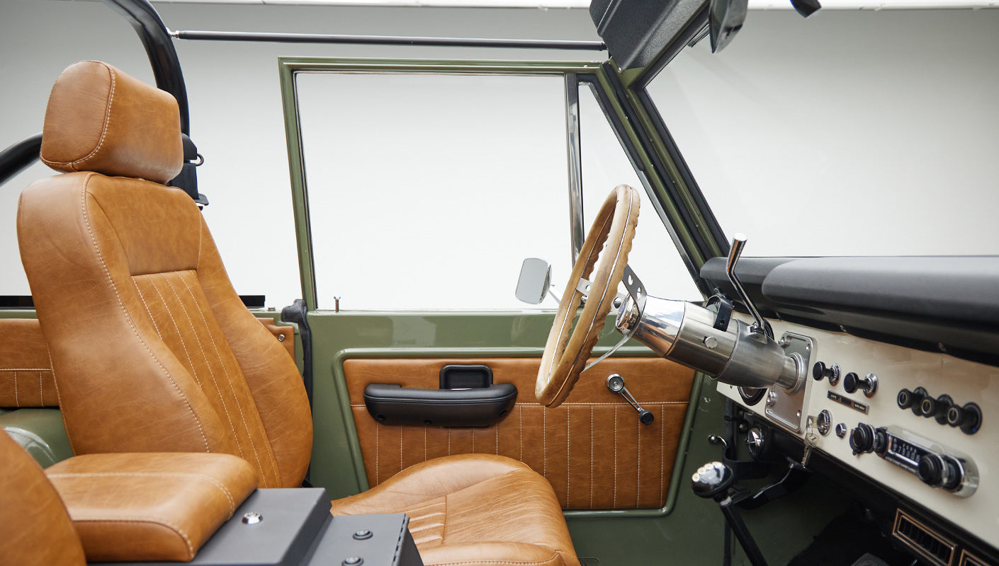 1976 classic ford bronco in boxwood green with ball glove leather driver interior