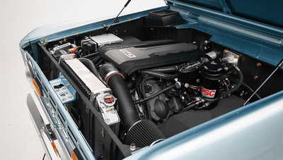 1975 ford bronco painted brittany blue with 3rd gen ford racing coyote motor