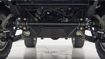 A 1976 Classic Ford Bronco is Frozen Blue over White Rock leather roadster shop chassis independent suspension