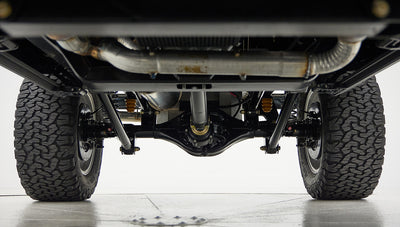 A 1976 Classic Ford Bronco is Frozen Blue over White Rock leather roadster shop chassis independent suspension