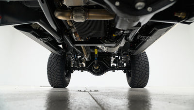 Front underside view showing differential, suspension, and exhaust pipes of a vehicle