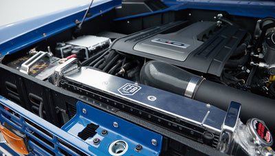 Detail of engine components including Wilwood and PSC parts in Classic Ford Bronco