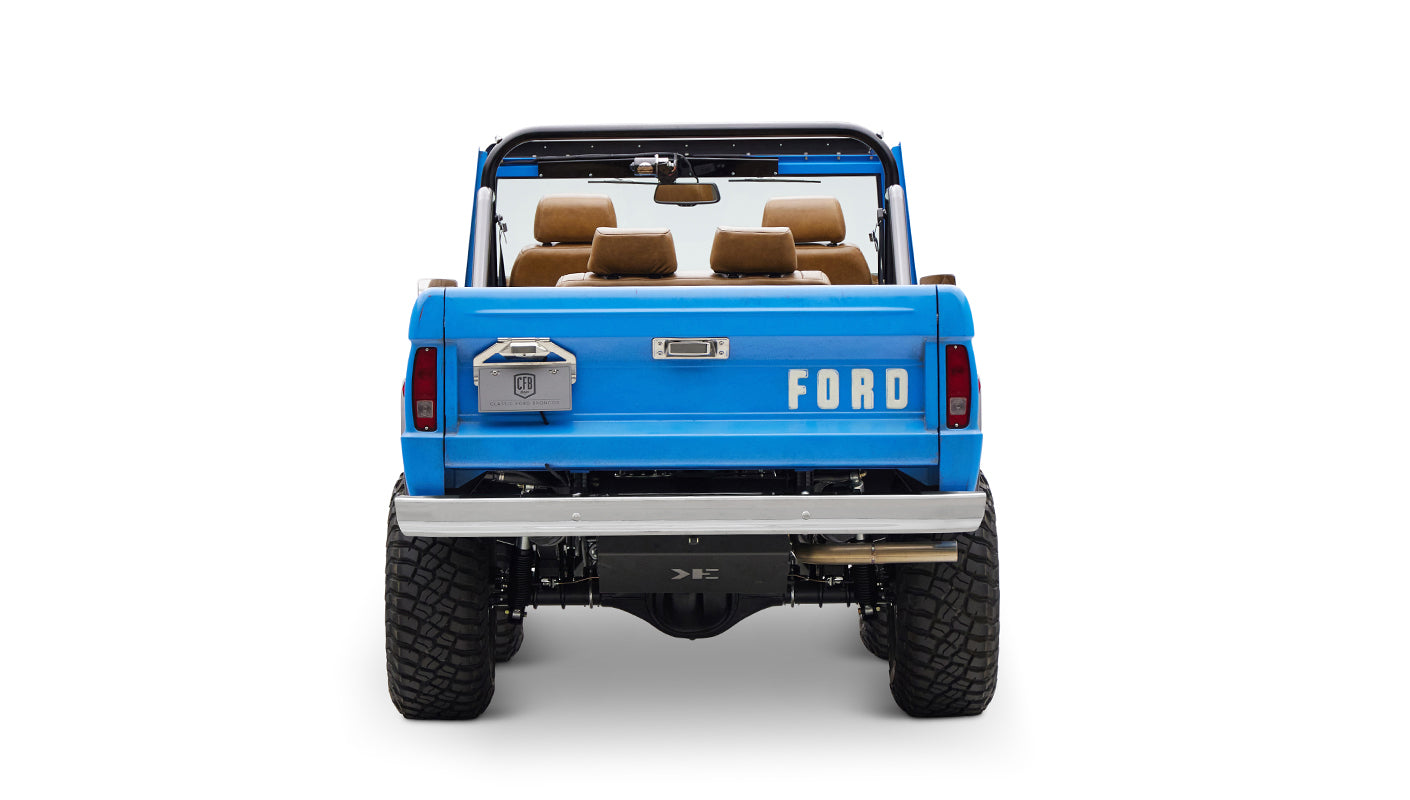 1976 classic ford bronco in blue patina paint with whiskey leather interior rear