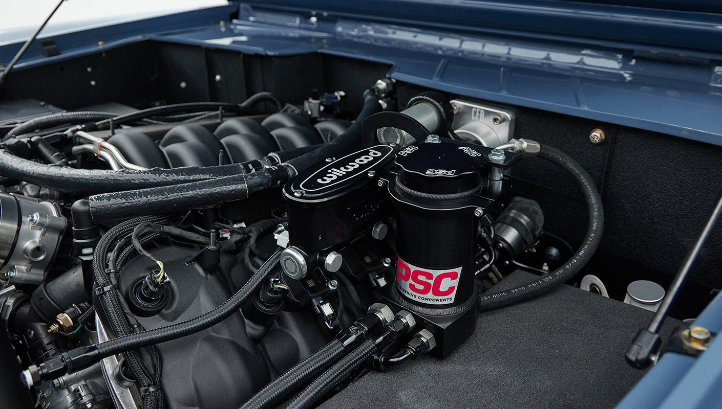 Close-up of Classic Ford Bronco engine with Wilwood and PSC branded parts