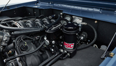Close-up of Classic Ford Bronco engine with Wilwood and PSC branded parts
