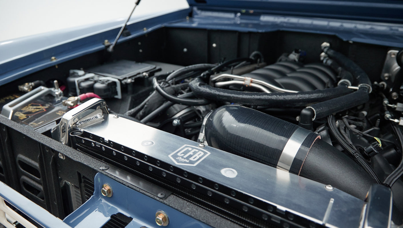 Classic Ford Bronco radiator and air intake hose with CFB Series logo
