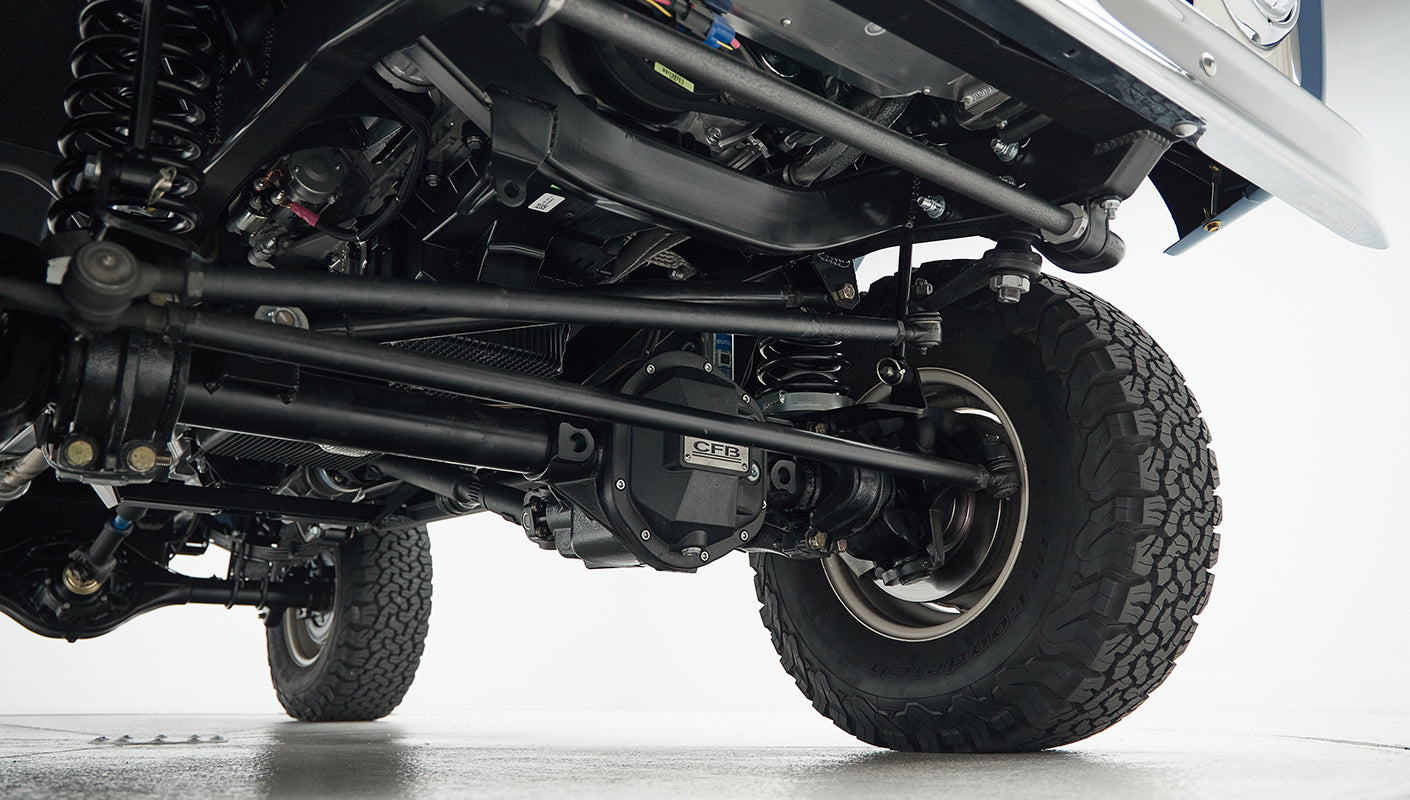 Underside view of Classic Ford Bronco front suspension and steering components