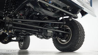 Underside view of Classic Ford Bronco front suspension and steering components