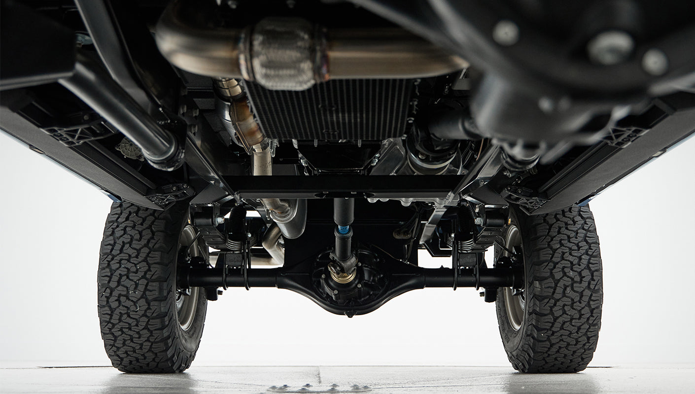Underside view of Classic Ford Bronco rear axle and suspension system