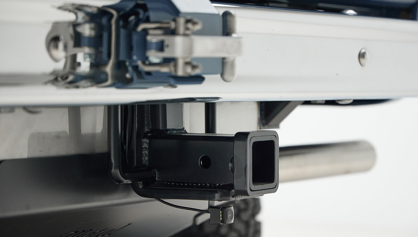 Detailed view of metal latch mechanism on Classic Ford Bronco roll cage