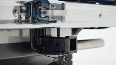 Detailed view of metal latch mechanism on Classic Ford Bronco roll cage