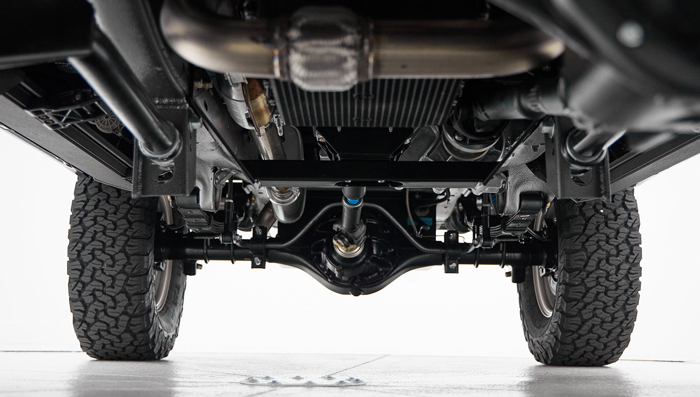 Underside view of Classic Ford Bronco suspension and drive shaft assembly