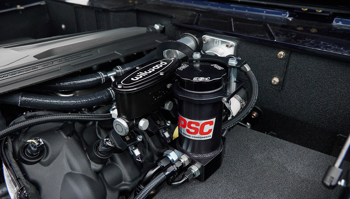 Close-up of Wilwood and PSC branded components within Classic Ford Bronco engine bay