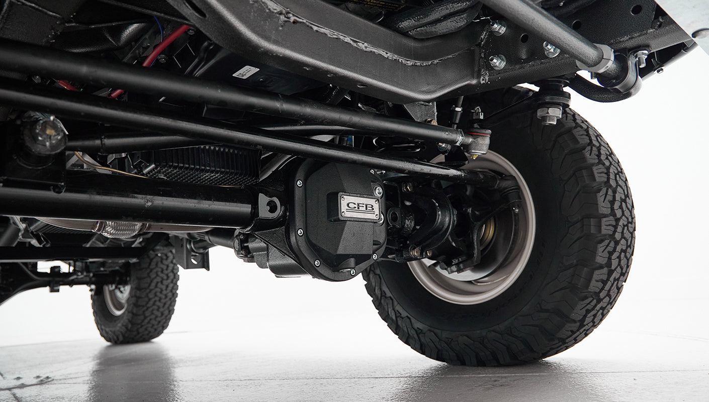 Undercarriage view of Classic Ford Bronco showing black differential housing and suspension