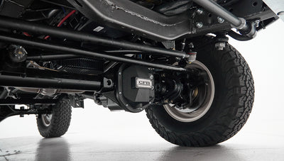 Undercarriage view of Classic Ford Bronco showing black differential housing and suspension