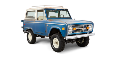 Classic Ford Bronco front passenger side angled view showing body and wheels