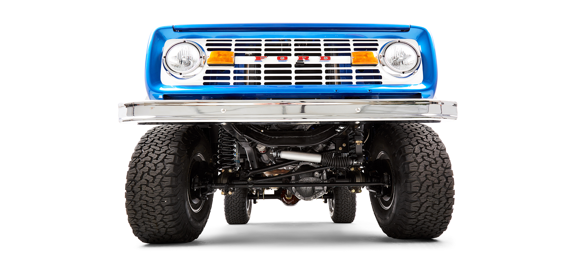 Underneath view of front suspension and differential of a classic Ford Bronco