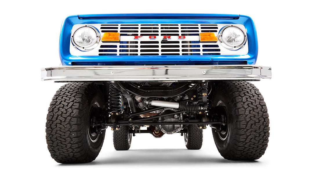 Bottom front view of a Classic Ford Bronco showing undercarriage and front suspension