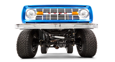 Bottom front view of a Classic Ford Bronco showing undercarriage and front suspension