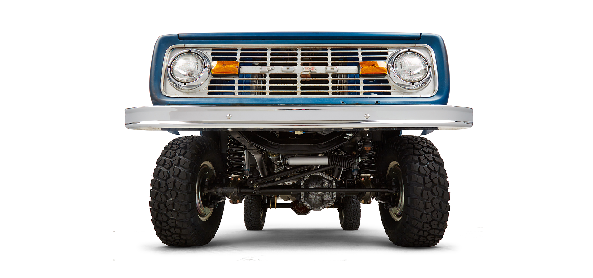 Bottom front view of a Classic Ford Bronco showing undercarriage and front suspension