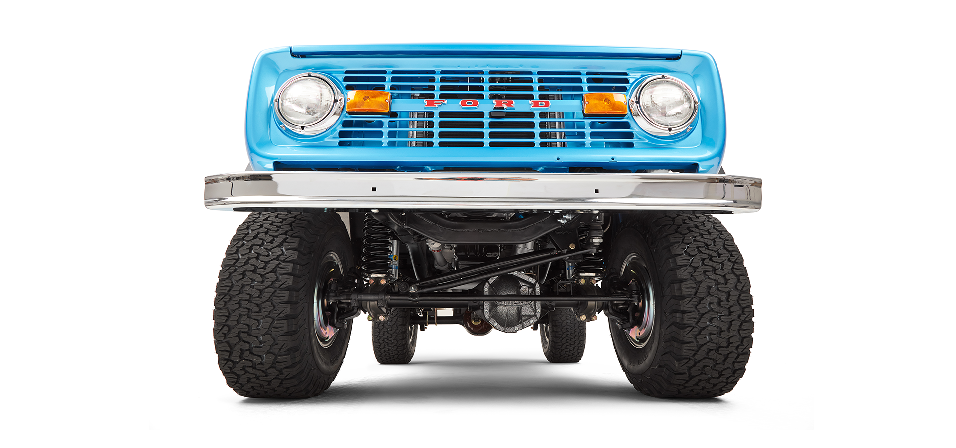 Undercarriage view of Classic Ford Bronco showing front suspension and axle