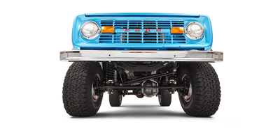 Undercarriage view of Classic Ford Bronco showing front suspension and axle