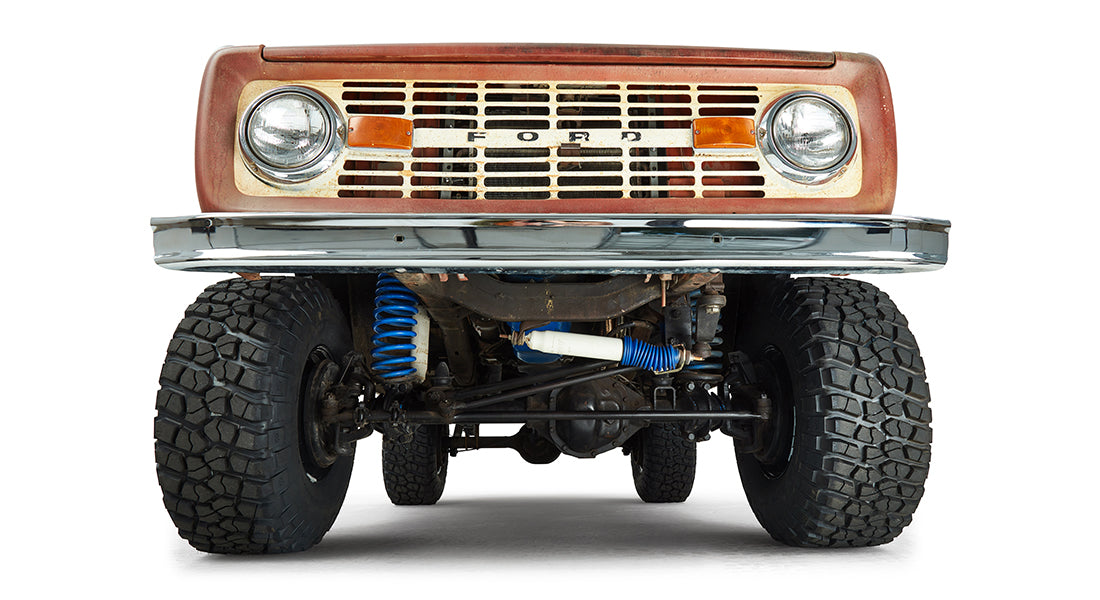 Undercarriage view of Classic Ford Bronco front axle and suspension components