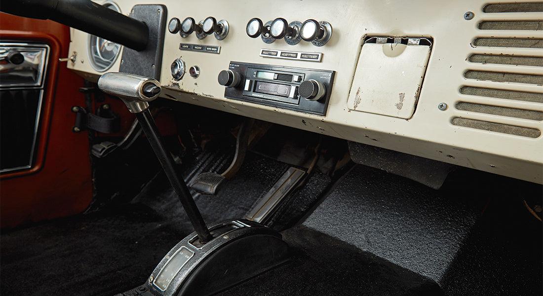 Interior gearshift lever and dashboard controls in Classic Ford Bronco