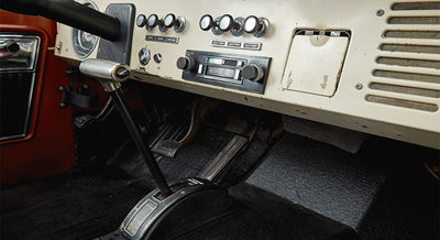 Interior gearshift lever and dashboard controls in Classic Ford Bronco