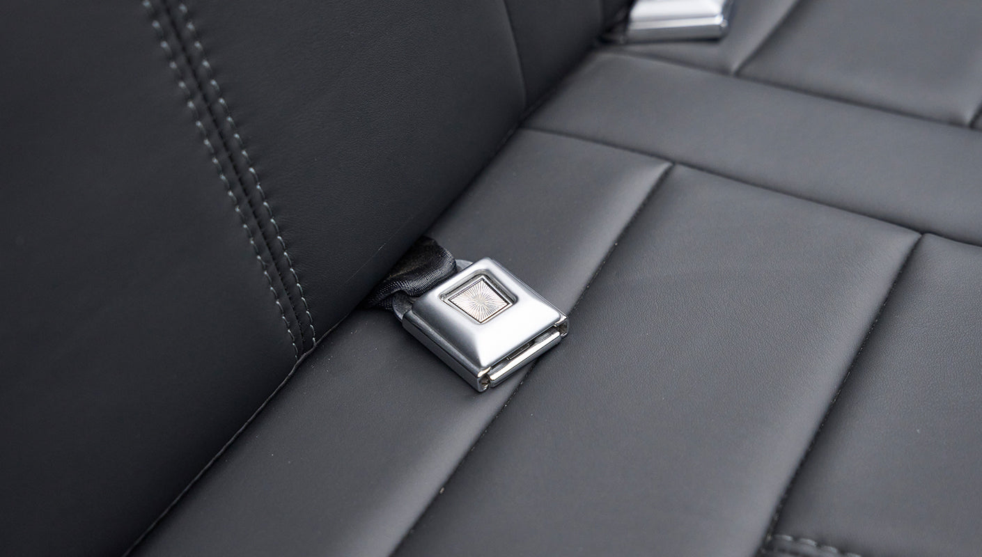 Backrest and seat cushion of rear leather bench seat with roll cage bars and speaker on side panel