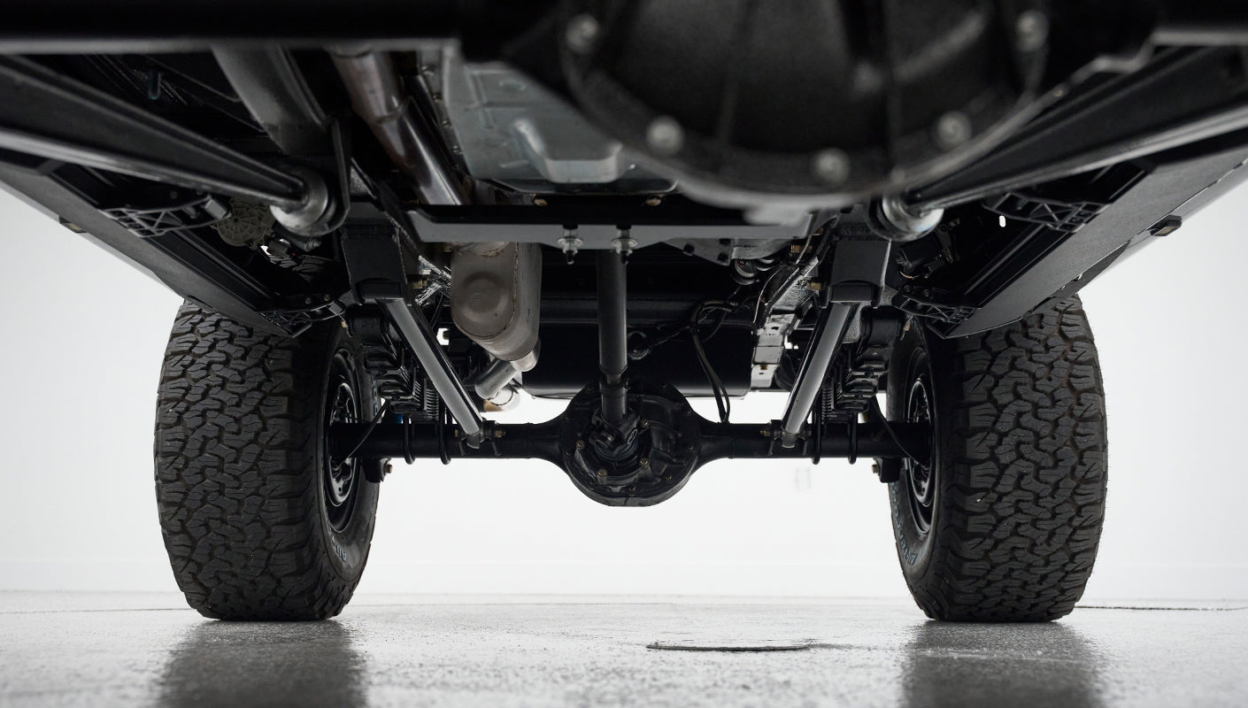View of rear axle and leaf springs under Classic Ford Bronco