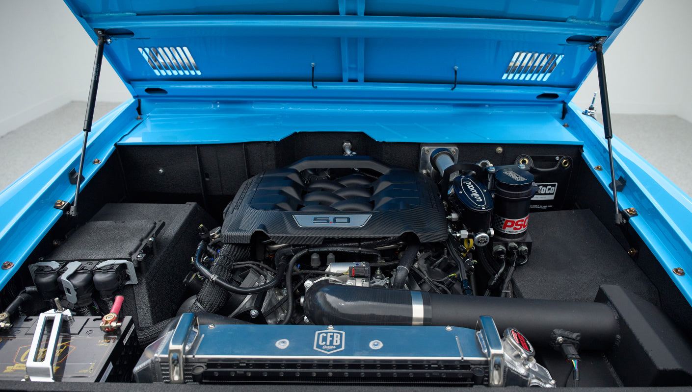 Close-up under hood with 5.0 engine and cooling system in Classic Ford Bronco
