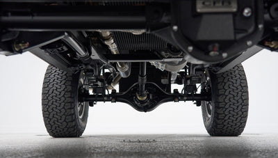 Rear suspension and axle close-up of Classic Ford Bronco with tires visible