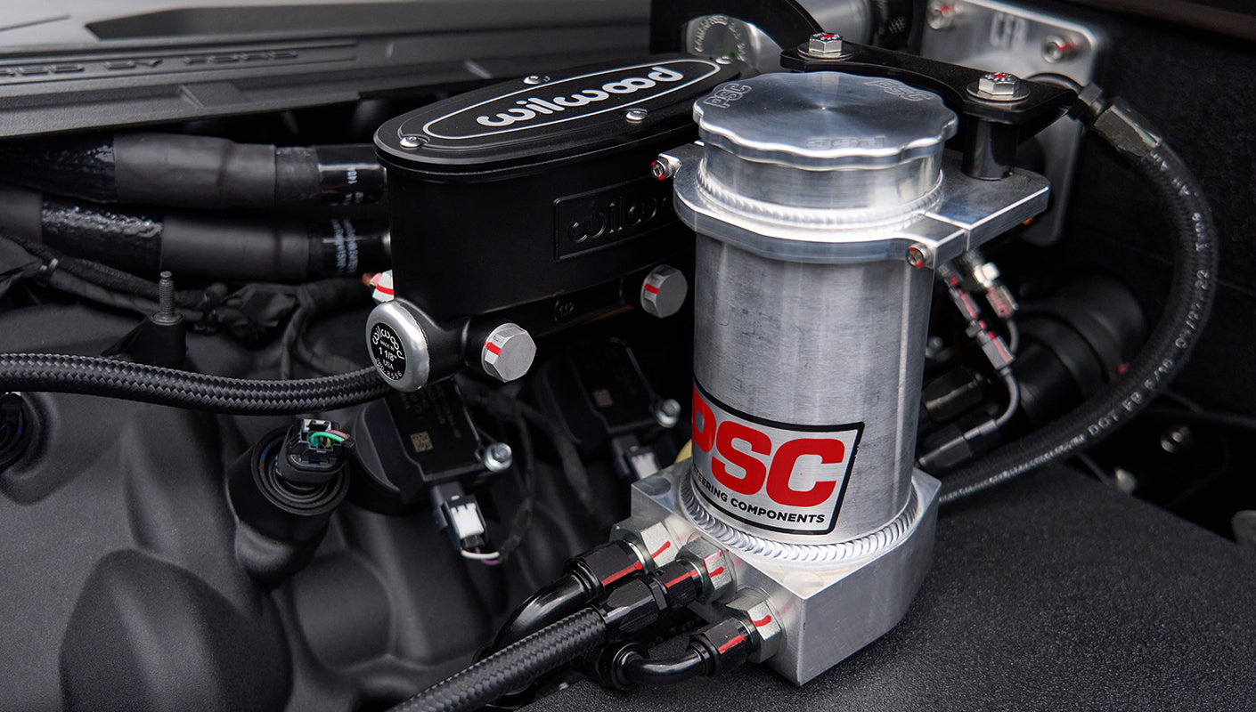 Detailed view of Wilwood brake master cylinder and reservoir in Classic Ford Bronco engine bay
