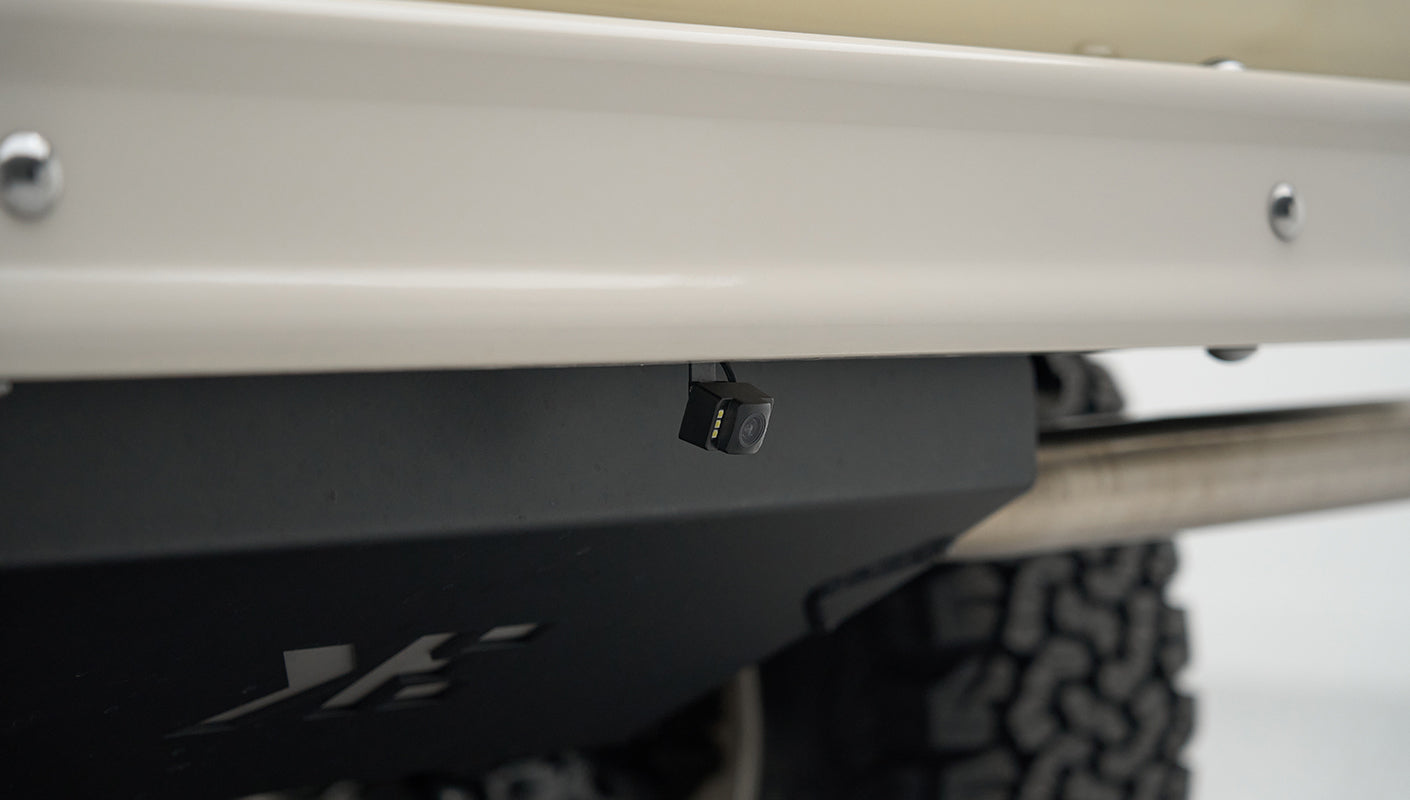 Backup camera mounted below the rear bumper of Classic Ford Bronco