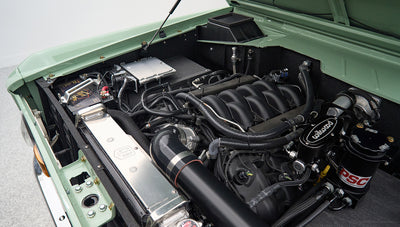 Detailed view of Classic Ford Bronco engine components including Wilwood and PSC parts