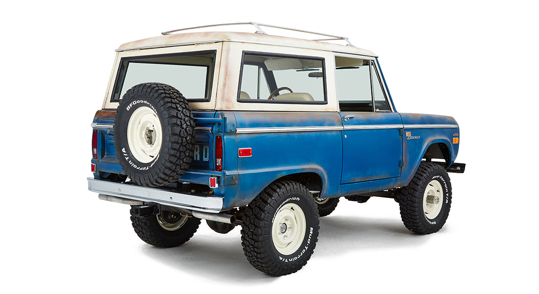 Classic Ford Bronco rear passenger side angled view highlighting body and wheels