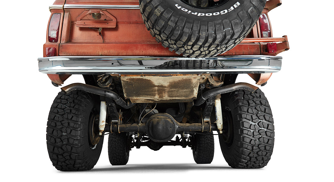 Undercarriage rear view of Classic Ford Bronco showing exhaust and rear axle