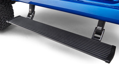 Black running board mounted below blue body panel of Classic Ford Bronco