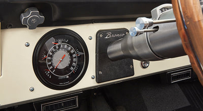 Close-up of instrument cluster with speedometer and Bronco-branded dash panel