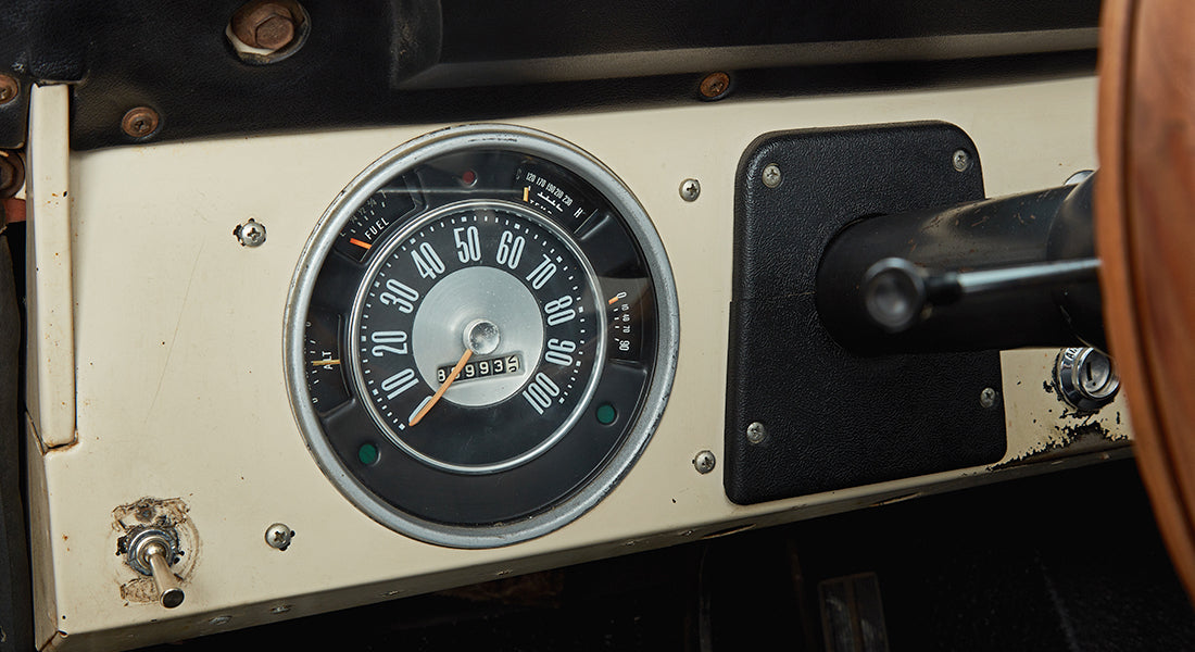 Close-up of Classic Ford Bronco speedometer and part of steering column