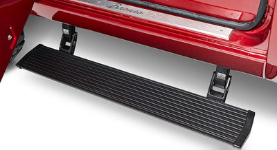 Black step board attached below an open red door with a Classic Ford Bronco door sill plate