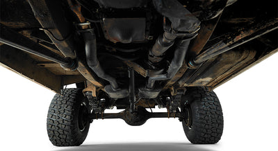 Undercarriage front to rear view of Classic Ford Bronco showing chassis and drivetrain
