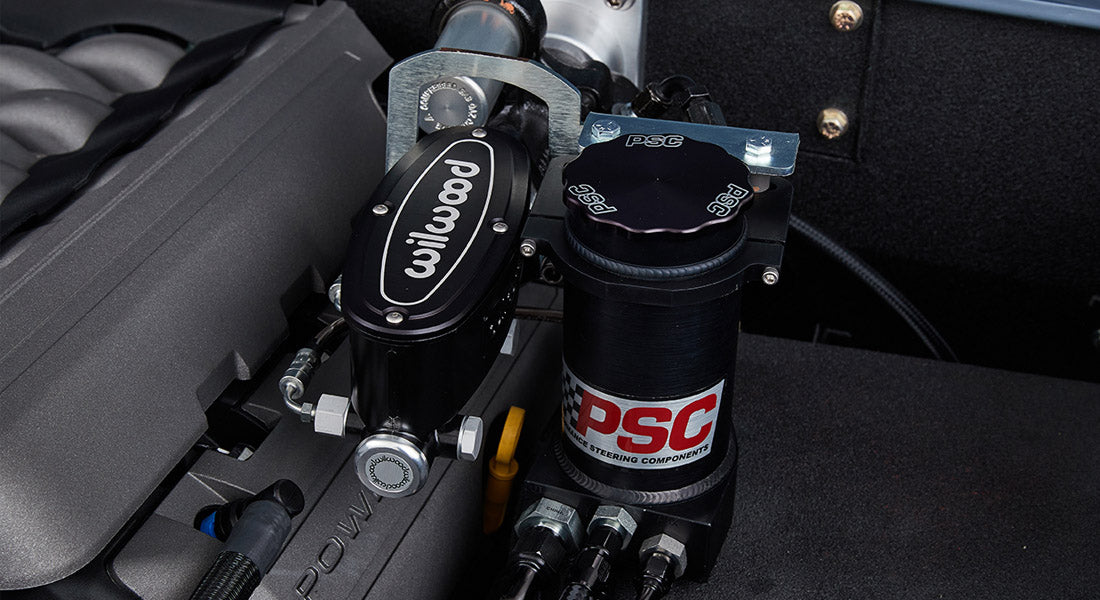Under-hood view showing Wilwood and PSC branded car components