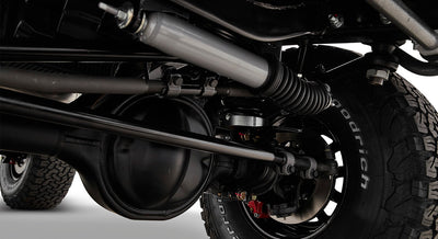 Close-up of vehicle brake and suspension components including tire and shock absorber