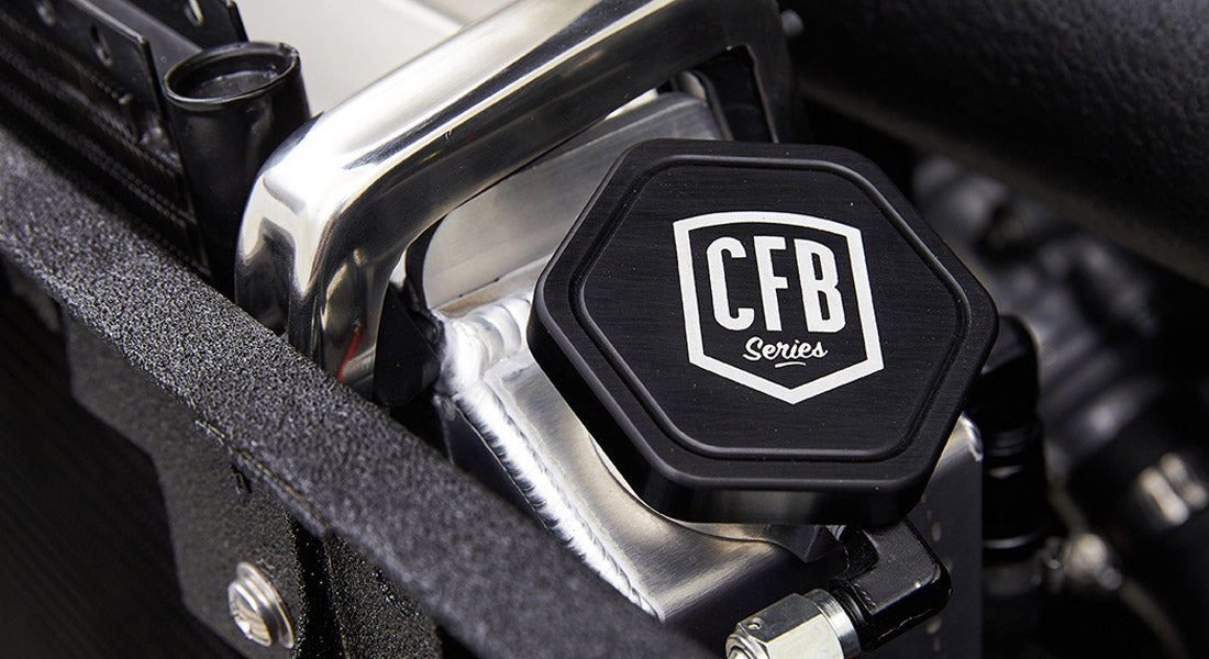 Close-up of a black knob labeled CFB Series on textured and metal parts