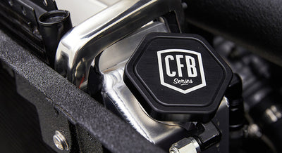 Close-up of a black knob labeled CFB Series on textured and metal parts
